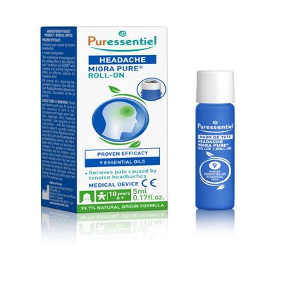 Puressentiel Headache Roll-On - Migra Pure - Relief from Pain Caused by Tension Headaches - Proven Efficacy - Instant Refreshing Effect - 100% Pure & Natural Essential Oils - 5ml
