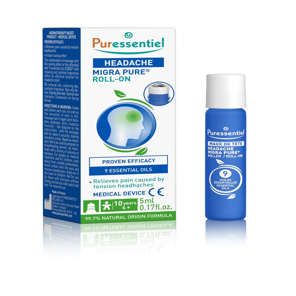 Puressentiel Headache Roll-On - Migra Pure - Relief from Pain Caused by Tension Headaches - Proven Efficacy - Instant Refreshing Effect - 100% Pure & Natural Essential Oils - 5ml