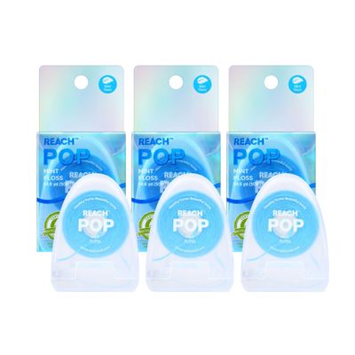 REACH POP Dental Floss, Mint, Plaque Remover for Teeth, Shred Resistant, Vegan Wax, Cruelty Free, Eco Friendly Packaging, Oral Care, PFAS Free, for Adults & Kids, 3 Pack, 54.6 yd