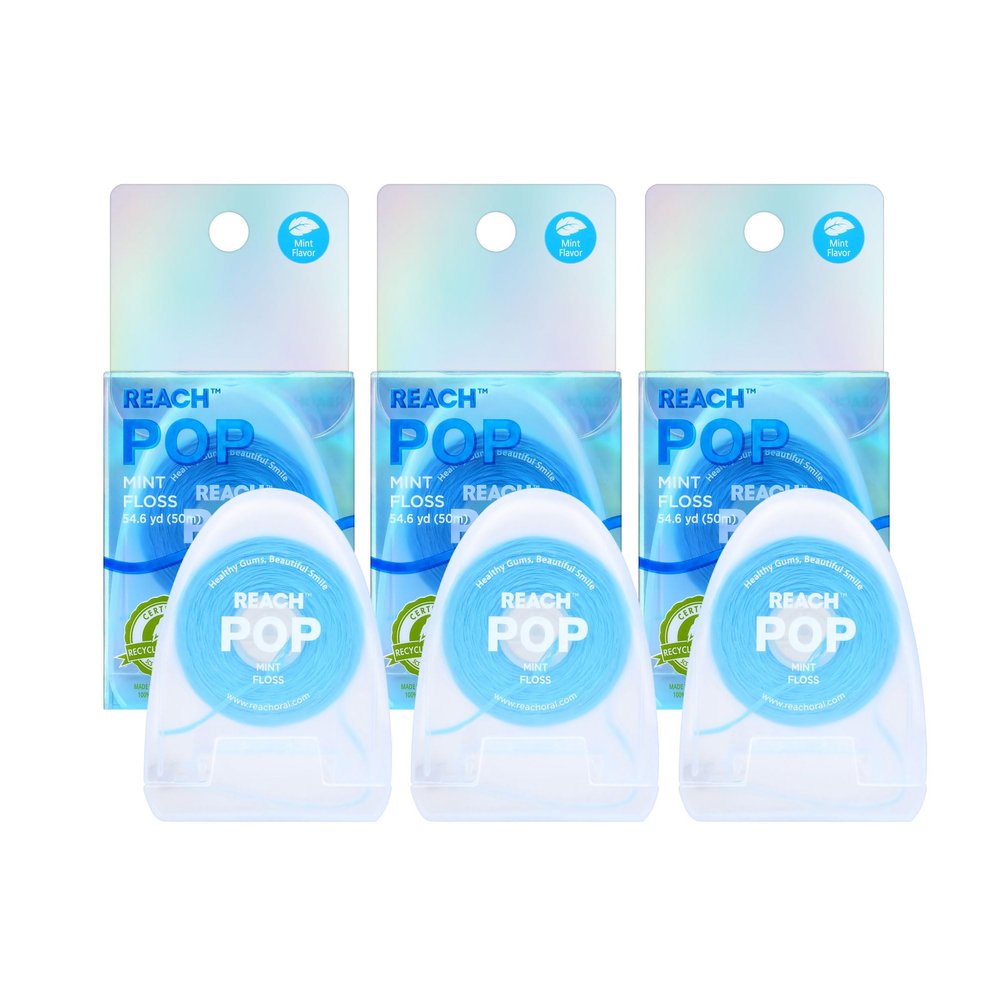 REACH POP Dental Floss, Mint, Plaque Remover for Teeth, Shred Resistant, Vegan Wax, Cruelty Free, Eco Friendly Packaging, Oral Care, PFAS Free, for Adults & Kids, 3 Pack, 54.6 yd