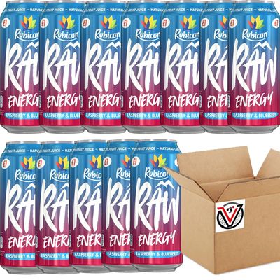 FreshCart Basics 12 x Rubiconn Raw Energy Raspberry & Blueberry 500ml - Carbonated Mixed Fruit Juice and Flavour Energy Drink with Added Caffeine, Vitamins, Sugar and Sweetener | VIMIX
