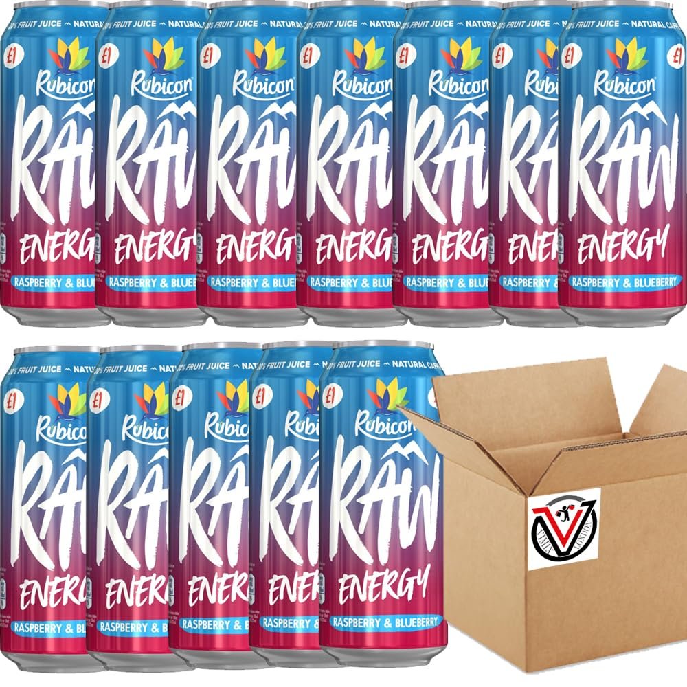 FreshCart Basics 12 x Rubiconn Raw Energy Raspberry & Blueberry 500ml - Carbonated Mixed Fruit Juice and Flavour Energy Drink with Added Caffeine, Vitamins, Sugar and Sweetener | VIMIX