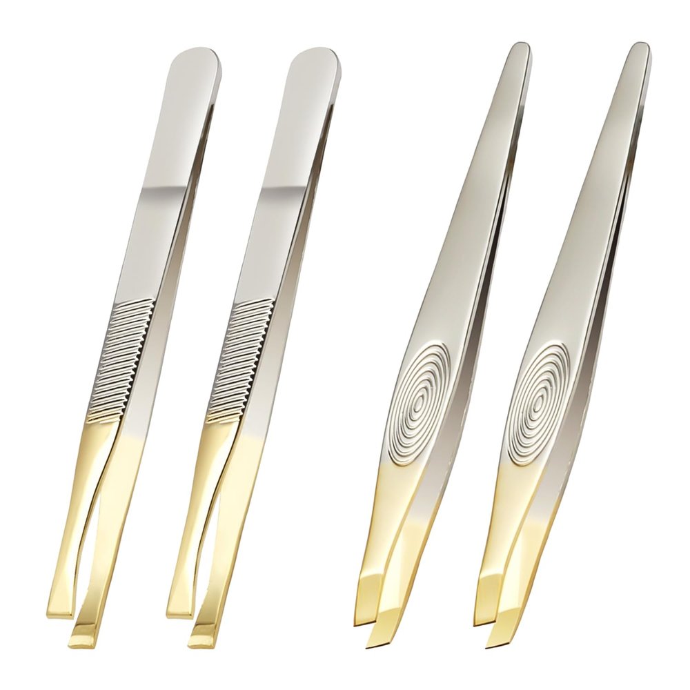 2 Pieces Golden Tweezer Tools, Professional Tweezers Set, Pointed Tweezers, Eyebrow Tweezers, Stainless Steel Tweezers, Blackhead Remover Tweezers, Multifunctional Tweezers
