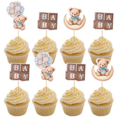 36 PCS Bear Cupcake Toppers,Moon Baby Bear Baby Shower Cake Topper Decorations for Kids Party Baby Shower Wedding Party Birthday Party Decorations Supplies (Blue)