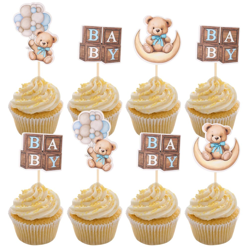 36 PCS Bear Cupcake Toppers,Moon Baby Bear Baby Shower Cake Topper Decorations for Kids Party Baby Shower Wedding Party Birthday Party Decorations Supplies (Blue)