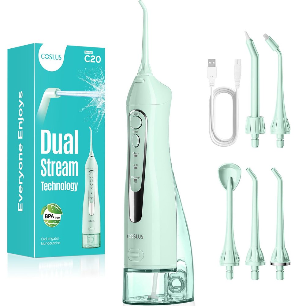 COSLUS C20 Water Dental Flosser Teeth Pick: 2026 Upgraded Portable Cordless Waterproof Flossing 300ML Rechargeable Travel Irrigation Cleaner IPX7 Green