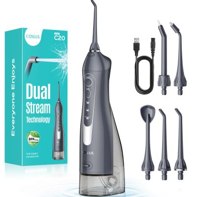 COSLUS Water Dental Flosser Teeth Pick: 2026 Upgraded Portable Cordless Waterproof Flossing 300ML Rechargeable Travel Irrigation Cleaner IPX7 Gray