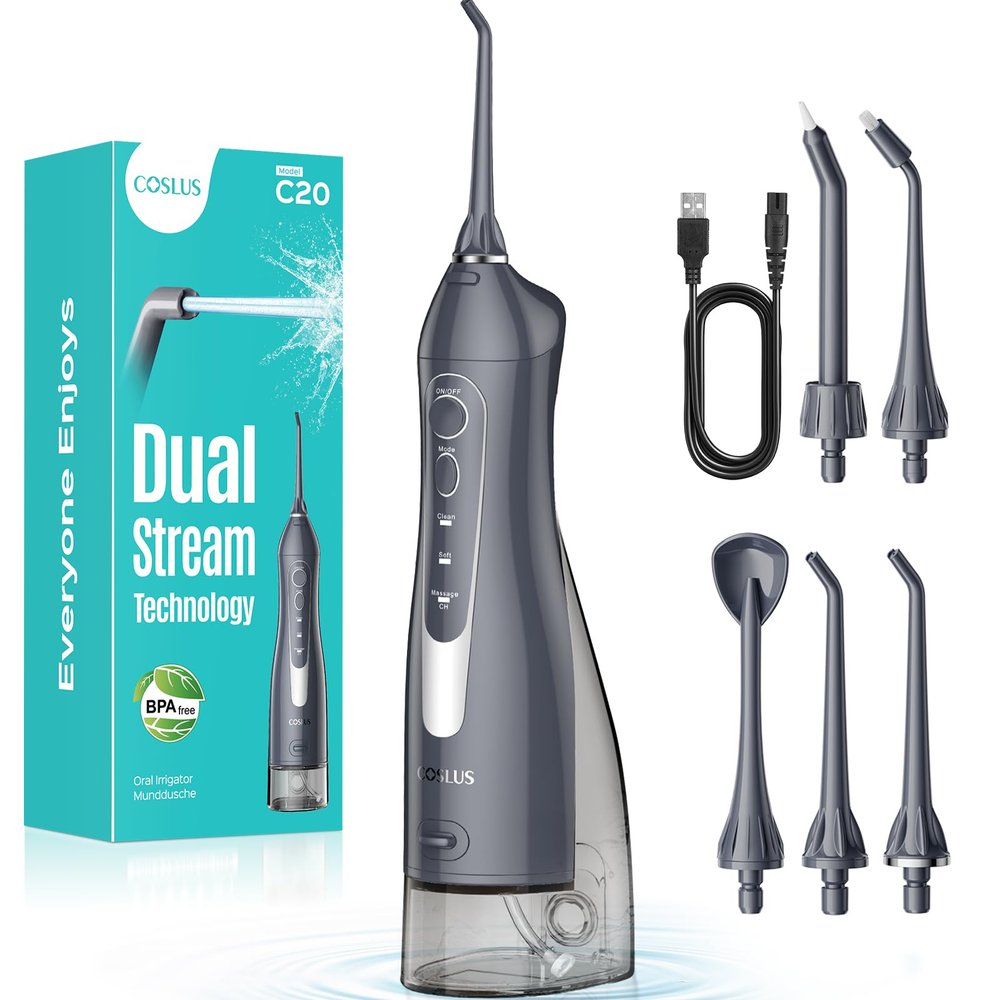 COSLUS Water Dental Flosser Teeth Pick: 2026 Upgraded Portable Cordless Waterproof Flossing 300ML Rechargeable Travel Irrigation Cleaner IPX7 Gray