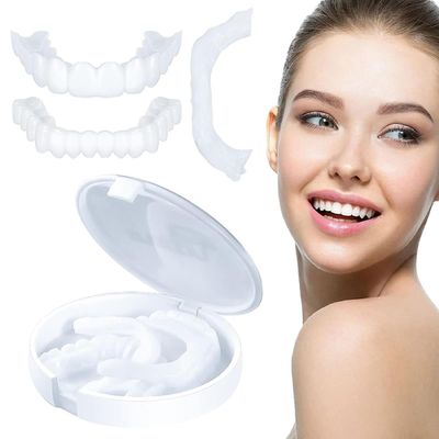 Dazzluxe Temporary Whitening Fake Teeth, Instant Veneers Smile Teeth Cosmetic Silicone Dentures, Upper & Lower False Teeth Veneers for Men Women Cover Missing Teeth - 2 Pairs