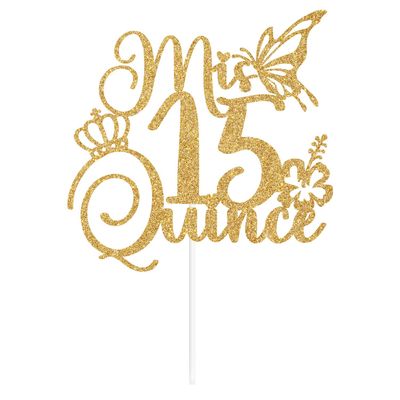 Glittery Mis Quince 15 Cake Topper, Mis 15 Aos Cake Decorations, Hello 15, Happy 15th Birthday Party Decorations for Girls Gold
