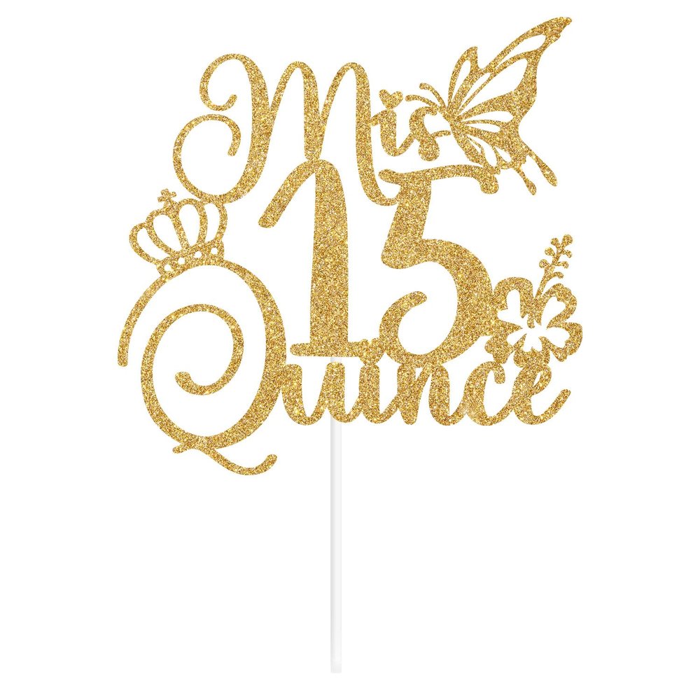 Glittery Mis Quince 15 Cake Topper, Mis 15 Aos Cake Decorations, Hello 15, Happy 15th Birthday Party Decorations for Girls Gold