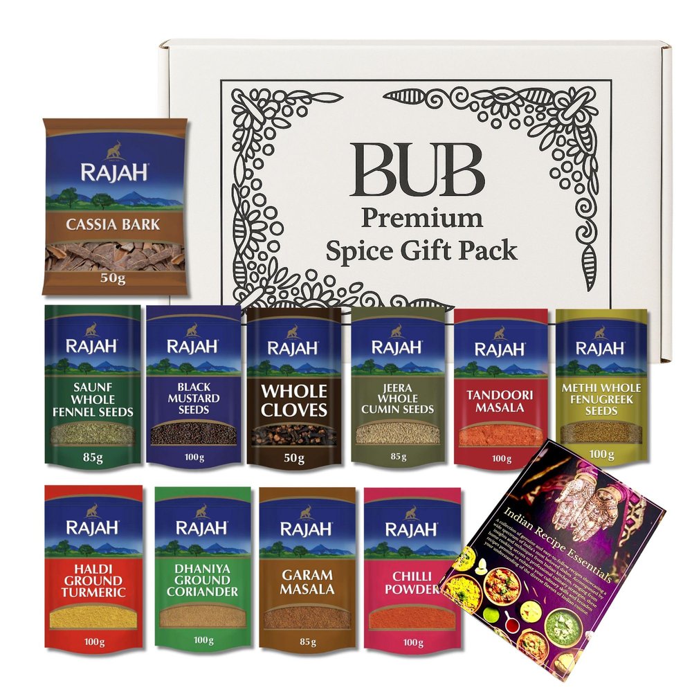 BUB Premium spices for cooking - Indian Spice Kit  11 Premium Rajah Spices + 10-Recipe Booklet - Perfect Refill for Kitchen Spice Tins, Masala Dabba (Pack of 11)