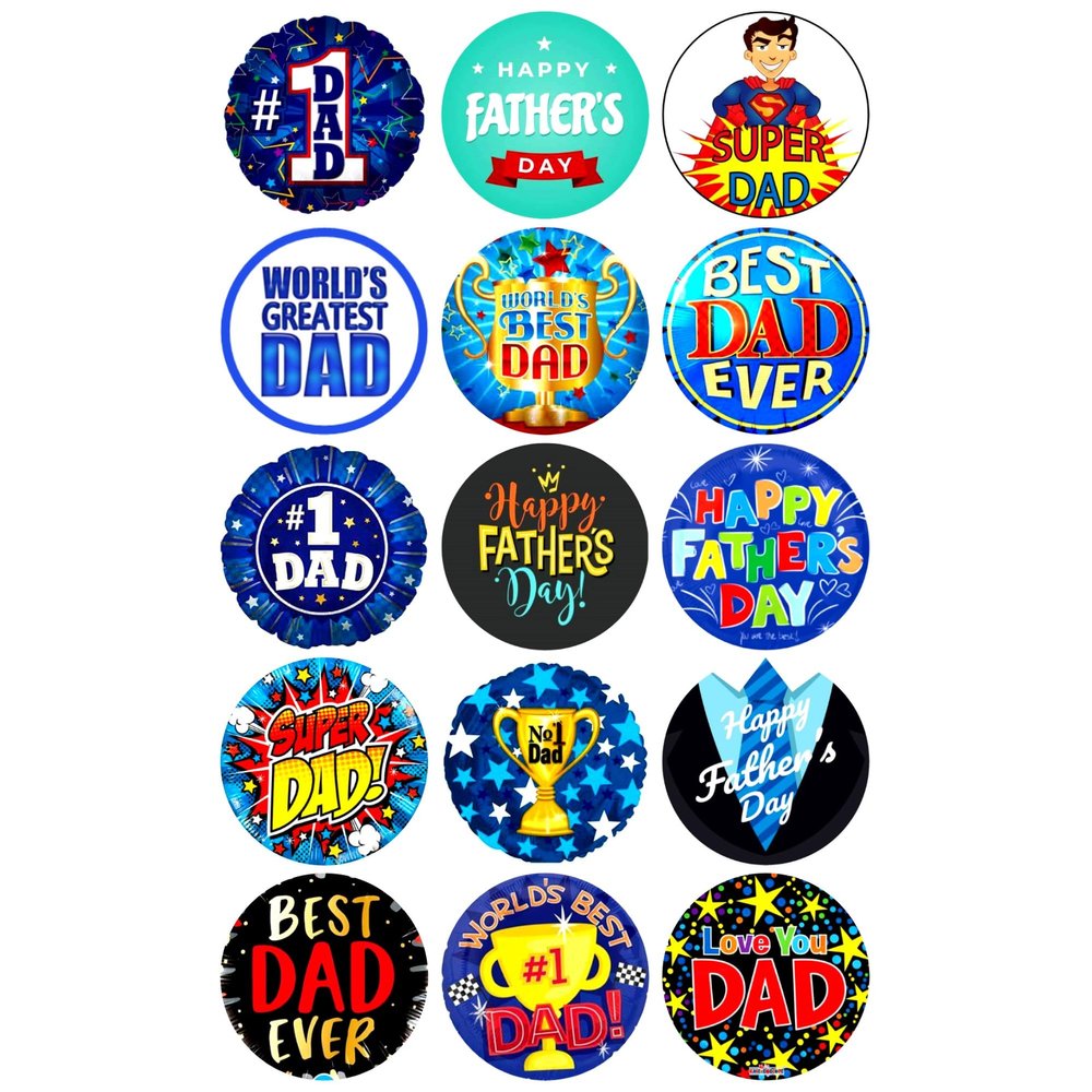 15 x Father's Day Party Pack Blue Edible Wafer or Icing Cupcake Topper Fun Dad Party Cake Decorations Perfect For Brownies Cookies Muffins & More! (Edible Wafer Card)