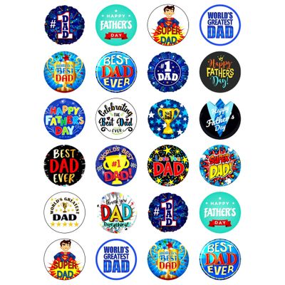 24 x Father's Day Party Pack Blue Edible Wafer or Icing Cupcake Topper Fun Dad Party Cake Decorations Perfect For Brownies Cookies Muffins & More! (Edible Wafer Card)