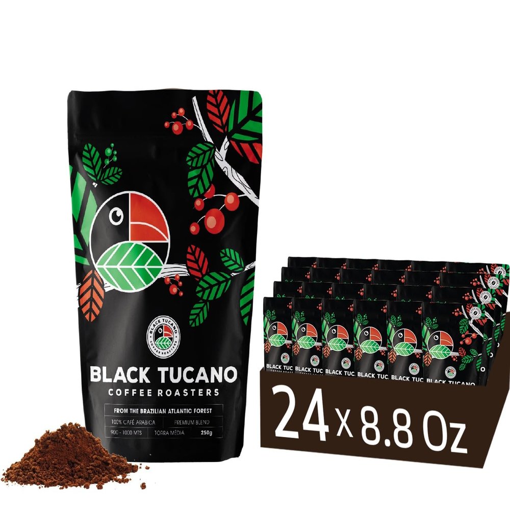 Black Tucano Brazilian Specialty Medium Roast Premium Blend Coffee - Premium 86+ Points Ground - 250g 24 Pack