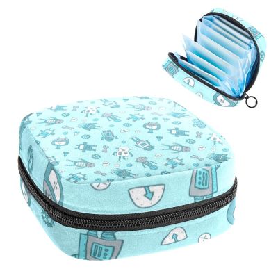 Sanitary Napkin Storage Bag, Robot Blue Background Tampon Zipper Bags Pouch, Period Bag for Teen Girls Feminine Menstruation Purse