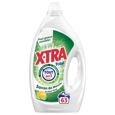 Xtra Total Marseille All in 1 Liquid Detergent Savon de Marseille and Aloe Vera for Sensitive Skin, Short Cycle, Shine, Intense and Effective Freshness at 20 Degrees, 63 Washes