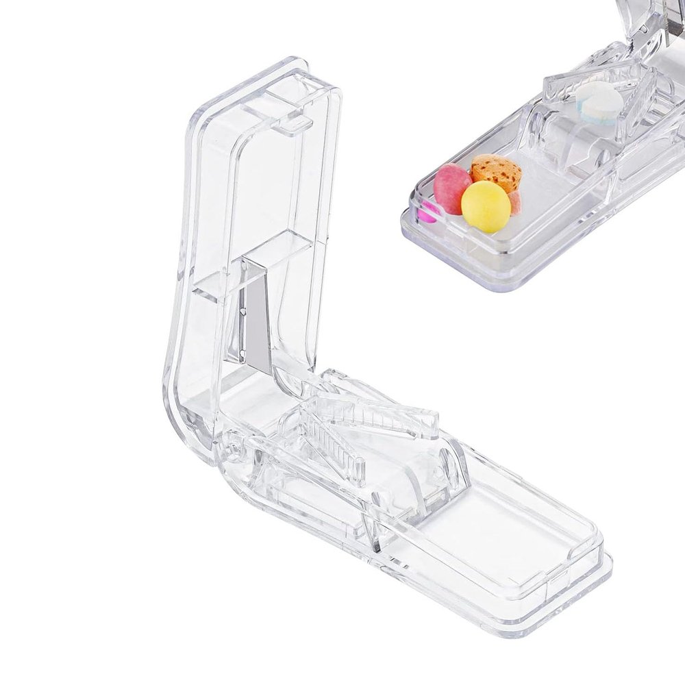 Pill Cutter, Portable Tablet Cutter with Blade and Storage Compartment 2-in-1 Pill Splitter Pill Case Half Quarter for Small or Large Pills Transparent Storage Compartment (White)