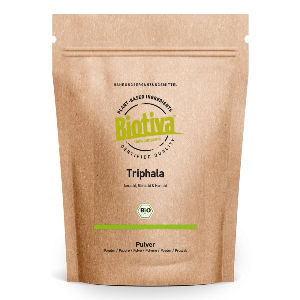 Triphala Organic Powder 1kg (2x500g) - from Amalaki Haritaki Bibhitaki - Ayurveda Biotriphala - Bottled and Controlled in Germany - 100% Vegan - Biotiva