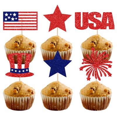 24Pcs 4th of July Cupcake Toppers Red Blue White Glitter Star Flag Patriotic Cupcake Picks Wedding Bridal Shower Baby Shower Birthday Memorial Independence Day Party Supplies Cake Decorations (Flag)