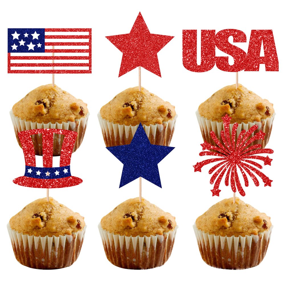 24Pcs 4th of July Cupcake Toppers Red Blue White Glitter Star Flag Patriotic Cupcake Picks Wedding Bridal Shower Baby Shower Birthday Memorial Independence Day Party Supplies Cake Decorations (Flag)
