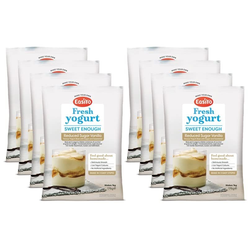 EasiYo Yogurt Sweet Enough Vanilla Reduced Sugar, 8 Pack | Each Sachet Makes 1 kg Yoghurt