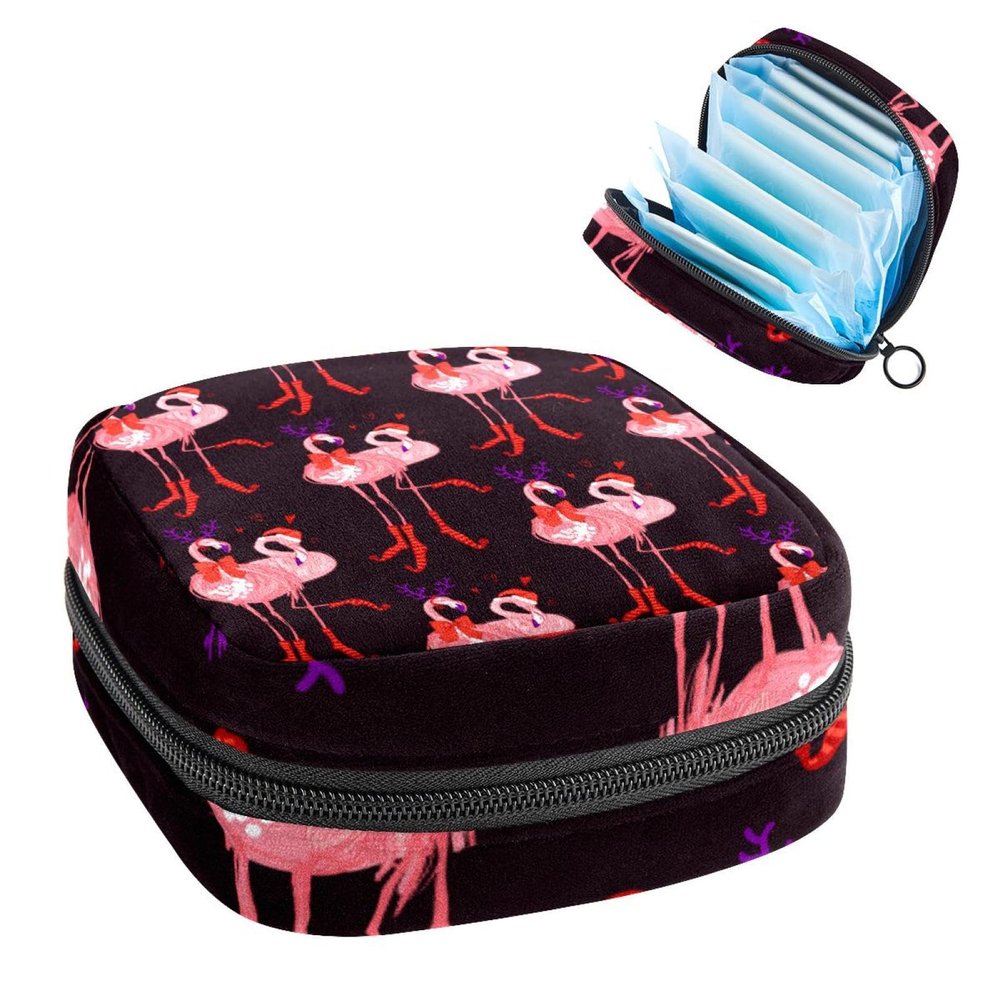 Zipper Menstrual Cup Pouch, Sanitary Napkin Storage Bags, Cute Funny Flamingo with Christmas Hat Soft Tampons Collect Holder Purse for Girls Women Ladies Feminine