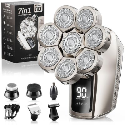 Guong 8D Head Shavers for Men, 7 in 1 Rotating Electric Shavers for Bald Men, Waterproof Wet/Dry Electric Razor Beard Grooming Kit with LED Display, Rechargeable Bald Head Razor