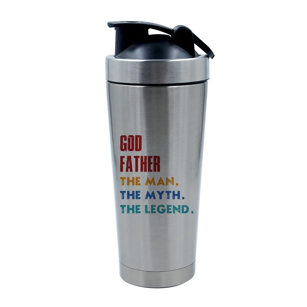 Best Gift for God Father, The Man the Myth the Legend, Father's Day Gift, 500ml Aluminium Shaker Bottle for Supplement Shakes - Easy Clean, Durable Cup. (Silver)