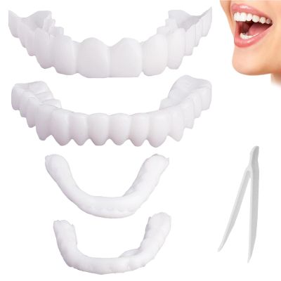 Brigtviee Instants Veneers Dentures Fake Teeth Veneers Top and Bottom Comfort Fit Flexible False Teeth, Snap on Veneers Teeth with Mini Tweezers for Men Women Regain Confident Smile,1 Pairs