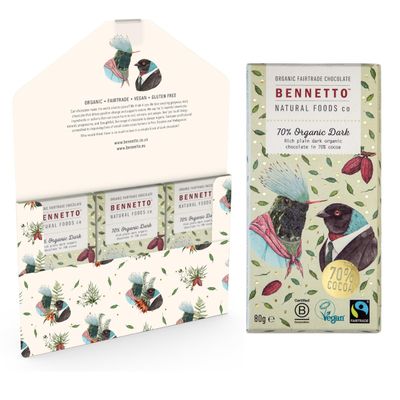 70% Organic Dark Rich, plain dark chocolate with 70% cocoa. Certified organic, Fairtrade, and net climate positive. Beautiful gifts for everyone. 3x 80g Full Size Bars.