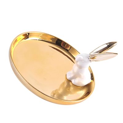 1pc Rabbit Jewelry Tray Nightstand Decor Jewelry Plate Earring Tray Ring Display Tray Table Top Decor Night Stand Decor Sundries Storage Tray Delicate Ceramic Gold Plated/489
