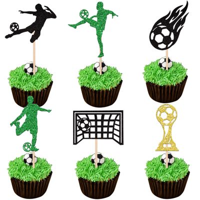 Rsstarxi 24 Pack Soccer Cupcake Toppers Glitter Football Sports Goal Game Trophy Cupcake Picks Football Soccer Cake Decorations for Baby Shower Boys Birthday Party Decors Green
