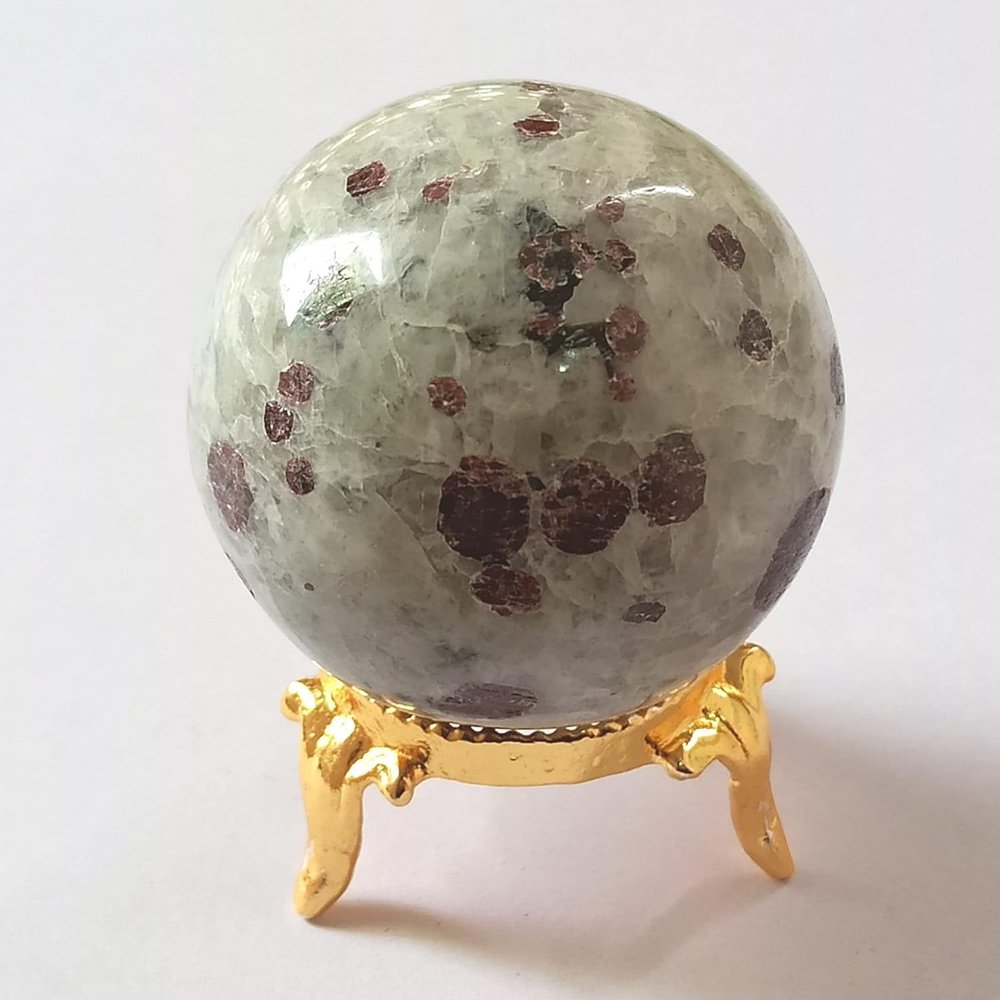 CZAOINCU Home Collections White Moonstone Rare with Garnet Patches 45-48 mm Ball Sphere with Stand Gemstone Carved Crystal Devotional Spiritual Metaphysical