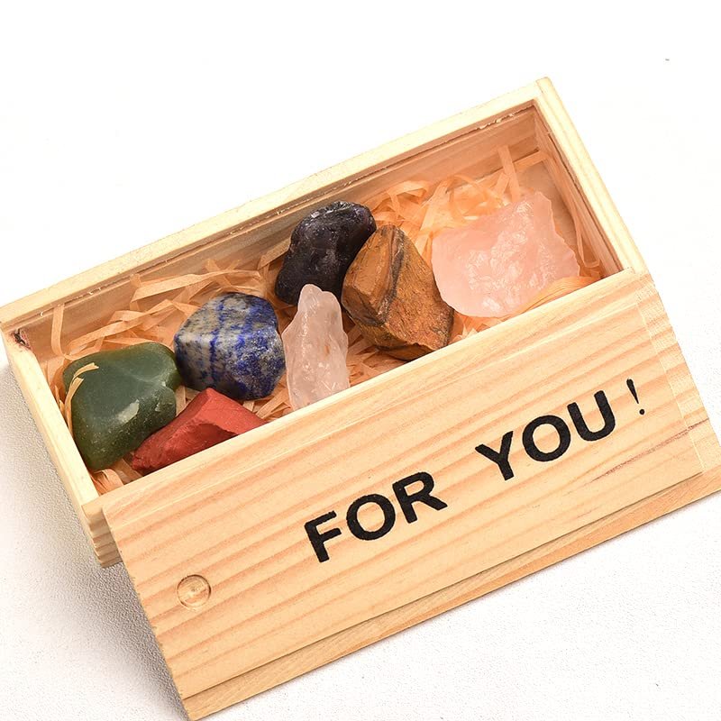 CZAOINCU Home Collections Home Decor, Natural Crystal Stone Seven Wooden Boxes Rock Large Grain Unpolished Stone Collection Gift Gifts,Natural Crystal