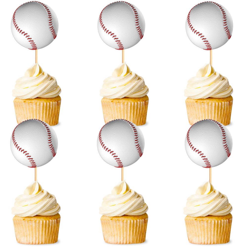 Ercadio 24 Pack Double Sided Base Ball Cupcake Toppers Sports Base Ball Cupcake Picks Base Ball Birthday Cake Decorations Baby Shower Base Ball Sports Theme Party Cake Decoration