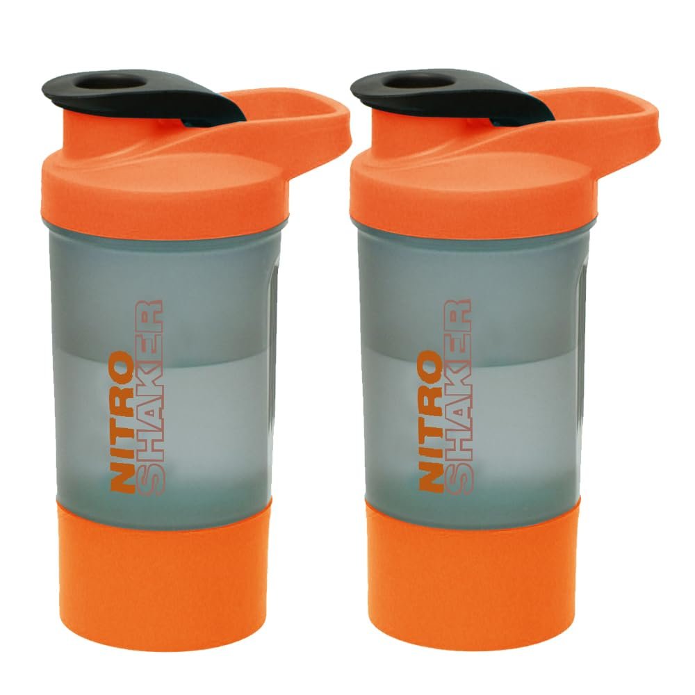 JMS we create smile Set of 2 - Protein Shaker Bottle 600ml Sports Bottle for Protein Shake Leakproof Shaker Cup with Stainless Steel Mixer Ball Secure Drink for Fitness Gym & Travel (Orange)