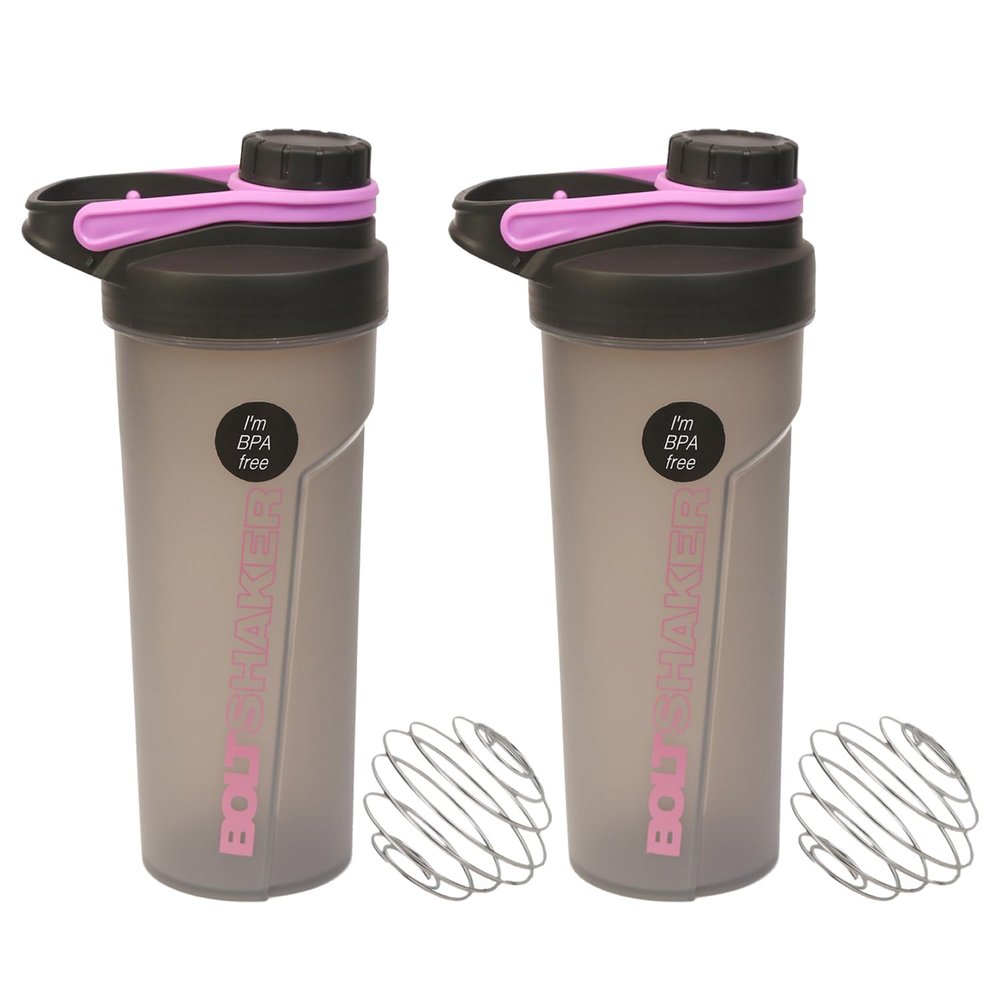 JMS we create smile Set of 2 - Protein Shaker Bottle 700ml Sports Bottle for Protein Shake Leakproof Shaker Cup with Stainless Steel Mixer Ball Secure Drink for Fitness Gym & Travel (Pink)