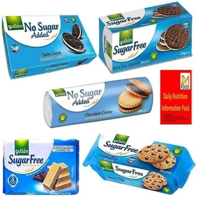 Gullon Sugar Free Biscuits Chocolate Mixed Variety Selection Diabectic friendly Pack (5 Pack) chocolate chip, cocoa sandwich, dark digestive, chocolate wafer by zamfoods (Bundle 3)