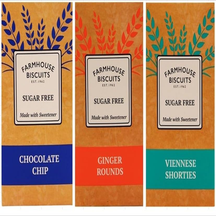 Farmhouse Sugar Free Biscuits For Diabetics Multipack Selection Vareity Box with zamfoods nutrition pack I Pack of 3 I - Viennese Shorties, Ginger & Choc Chip Cookies (Bundle 3)