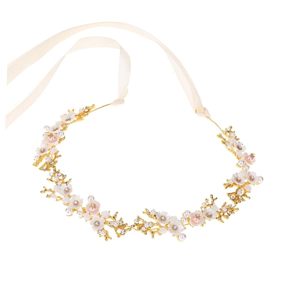 1pc Flower Headband Gold Hair Accessories Rhinestone Hair Bridal Headdress Garland Headwear Bridal Crystal Hair Bands Pearl Jewelry Bridal Vine Bride Alloy Shell Flower Wreath/150
