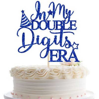 Jenrtvis In My Double Digits Era Birthday Cake Topper, 10th Birthday Decoration, Blue Glitter, 5.9 x 4.4 inches, Food-Grade Paper, Premium Quality Guarantee