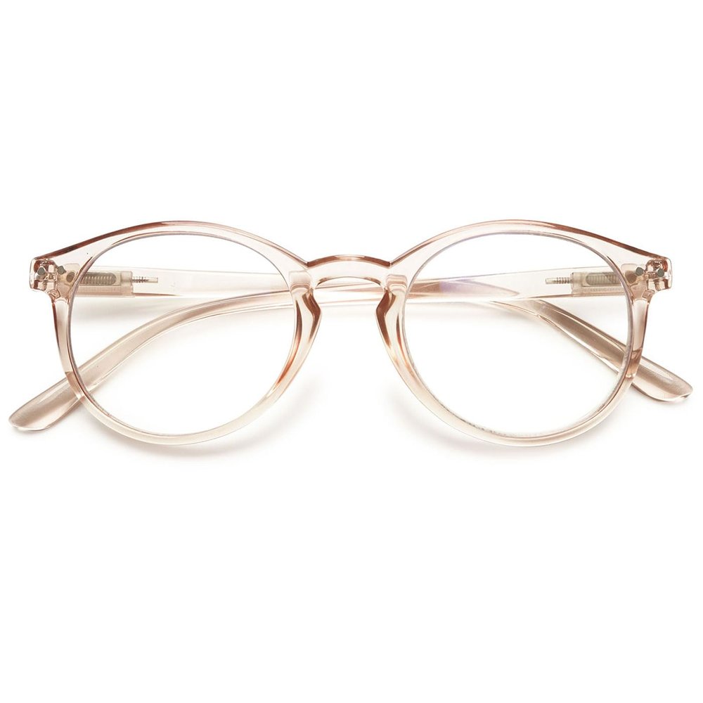 ABETOS Round Reading Glasses Ladies Blue Light Blocking Spring Hinges Fashion Oval Readers Womens Lightweight Computer Eyeglasses Eyewear, Clear Brown 1.75