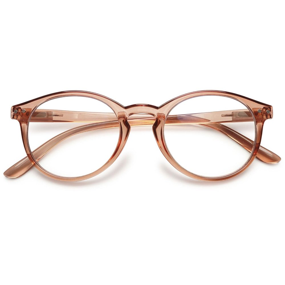ABETOS Round Reading Glasses Ladies Blue Light Blocking Spring Hinges Fashion Oval Readers Womens Lightweight Computer Eyeglasses Eyewear, Clear Darkbrown 2.5