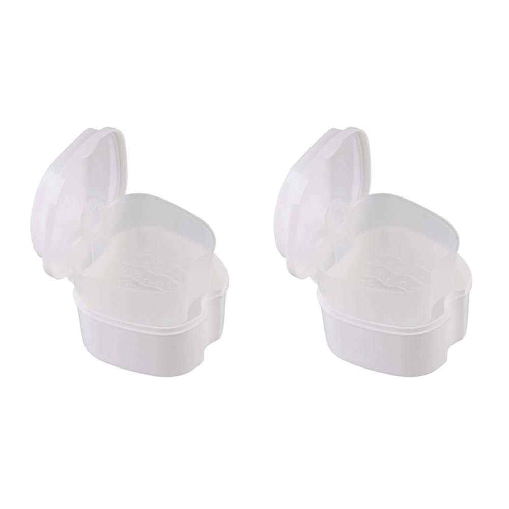Koanhinn 2 x White Denture Case, Denture Cup with Strainer, Denture Bath Box, Storage Box for False Teeth with Basket Net Container Holder for Travel