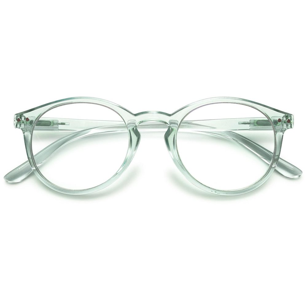 ABETOS Round Reading Glasses Ladies Blue Light Blocking Spring Hinges Fashion Oval Readers Womens Lightweight Computer Eyeglasses Eyewear, Clear Blue 1.25