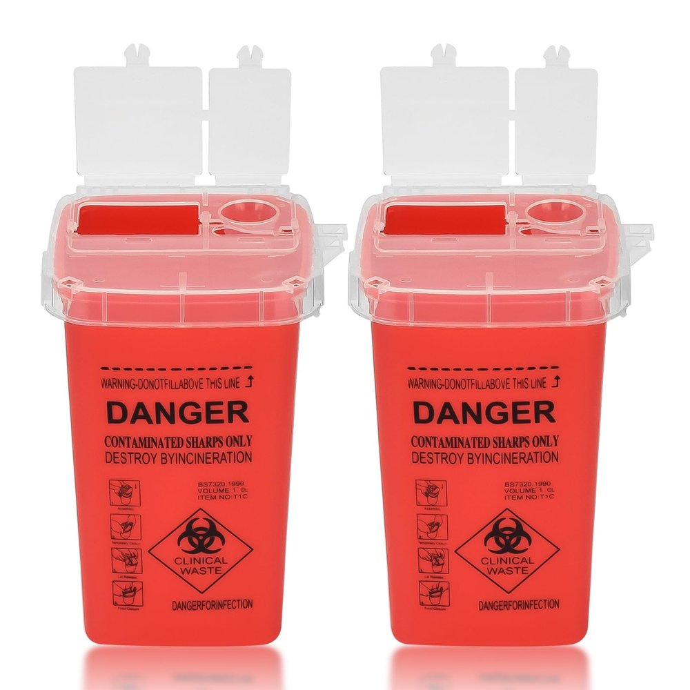 ATOMUS 2pcs 1L Red Tattoo Plastic Sharp Container Box Sharps Containers Needle Destruction Waste Bin Needle Disposal Bin with Lid for Tattoo Eyebrow Blade
