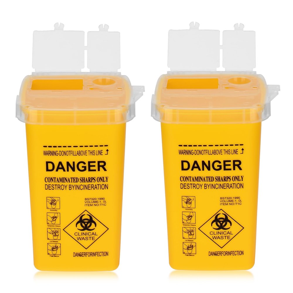 ATOMUS 2pcs 1L Yellow Tattoo Plastic Sharp Container Box Sharps Containers Needle Destruction Waste Bin Needle Disposal Bin with Lid for Tattoo Eyebrow Blade