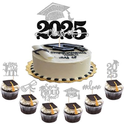 25 Pack 2025 Graduation Cupcake Toppers Glitter So Proud of You Cupcake Picks Done Diploma Grad Cap Cake Topper You Did it Cake Decorations for 2025 Graduation Theme Party Decorations Supplies Silver