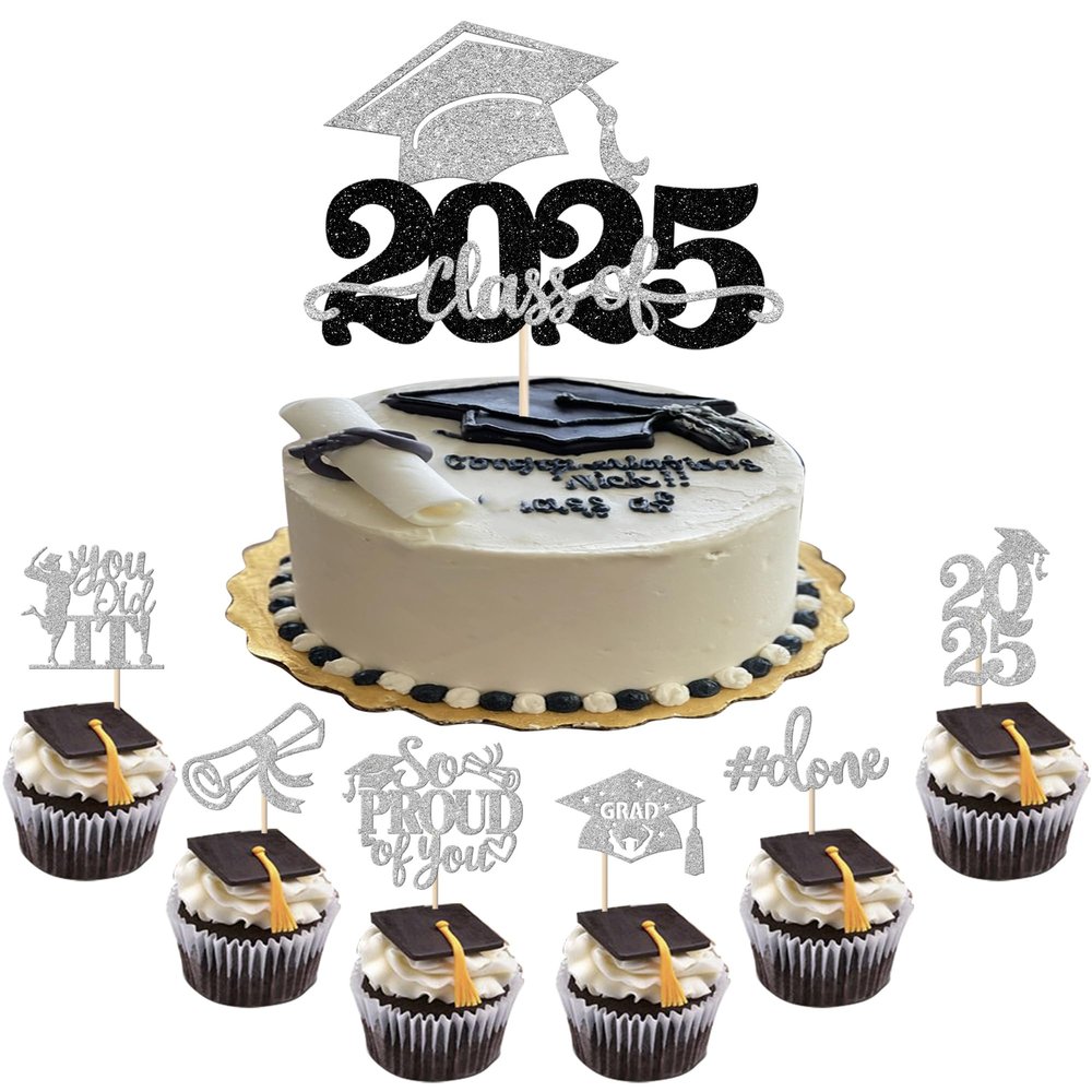 25 Pack 2025 Graduation Cupcake Toppers Glitter So Proud of You Cupcake Picks Done Diploma Grad Cap Cake Topper You Did it Cake Decorations for 2025 Graduation Theme Party Decorations Supplies Silver